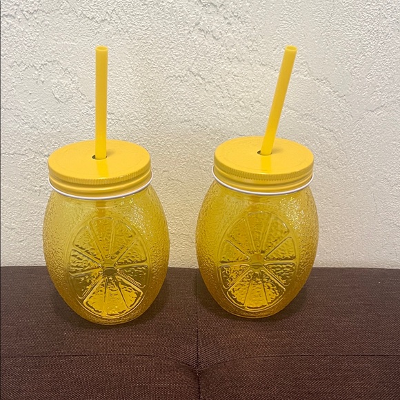 Yellow Jar with lid and straw Other - #1585** Yellow Lemon Glass Mason Jar Tumbler with Straw - Set of 2
